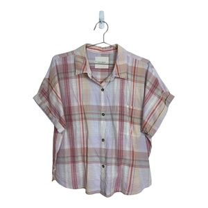 Lucky Brand Pink & Orange Plaid Boxy Short Sleeve Button Down Shirt Size M EUC